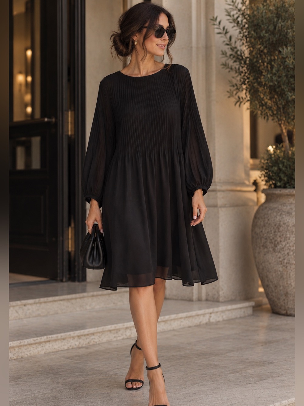 Pistache Georgette Shift Dress Black Pleated Chiffon Made in Italy Size L